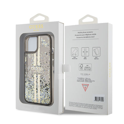 Калъф за Apple iPhone 15, Guess, Liquid Glitter Gold Stripes, Черен