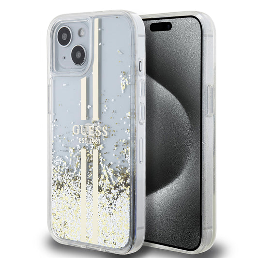 Калъф за Apple iPhone 15, Guess, Liquid Glitter Gold Stripes, Прозрачен