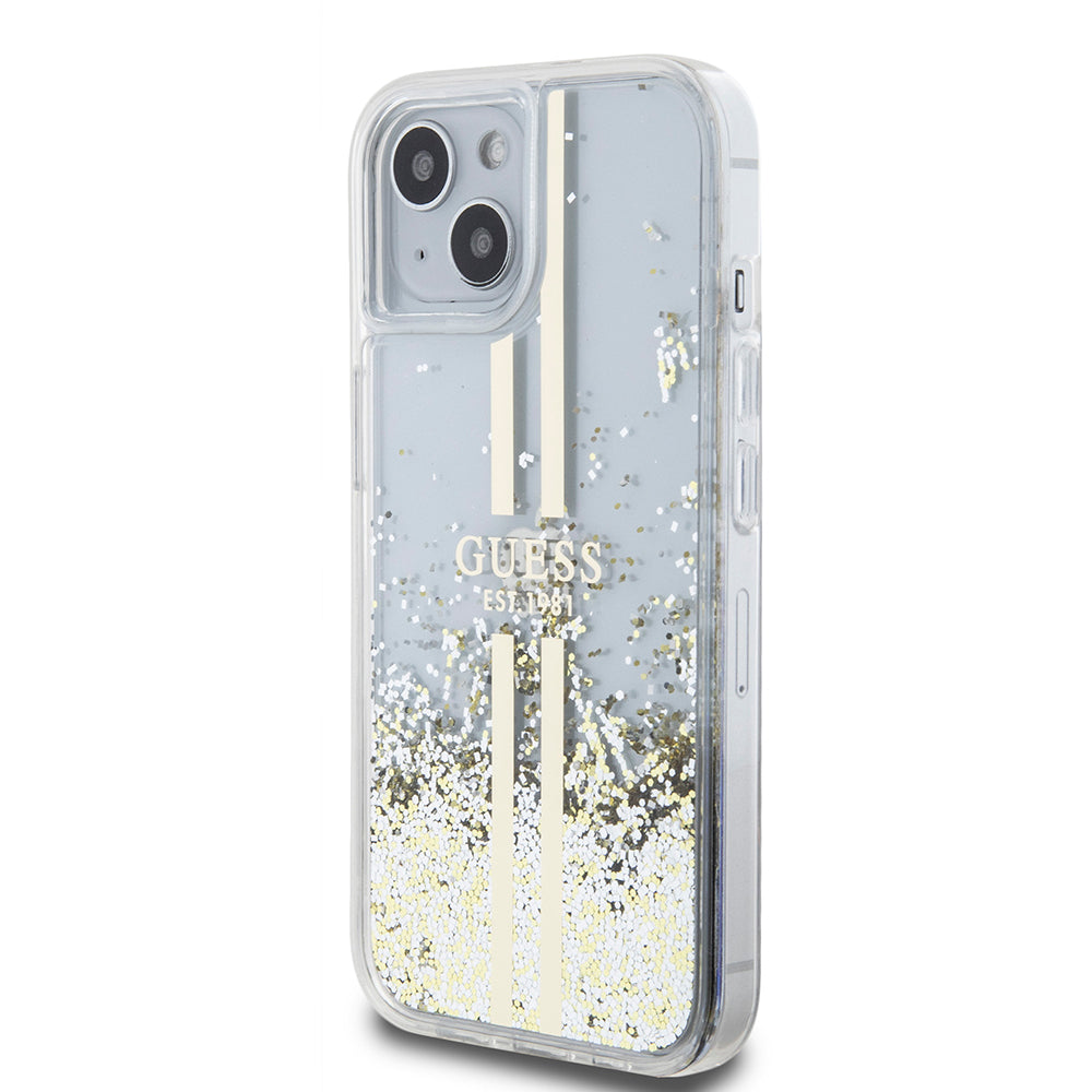 Калъф за Apple iPhone 15, Guess, Liquid Glitter Gold Stripes, Прозрачен