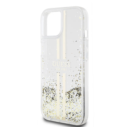 Калъф за Apple iPhone 15, Guess, Liquid Glitter Gold Stripes, Прозрачен