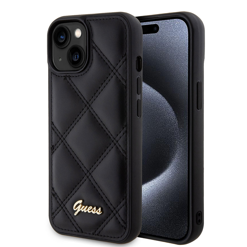 Калъф за Apple iPhone 15, Guess, Quilted Metal Logo, Черен