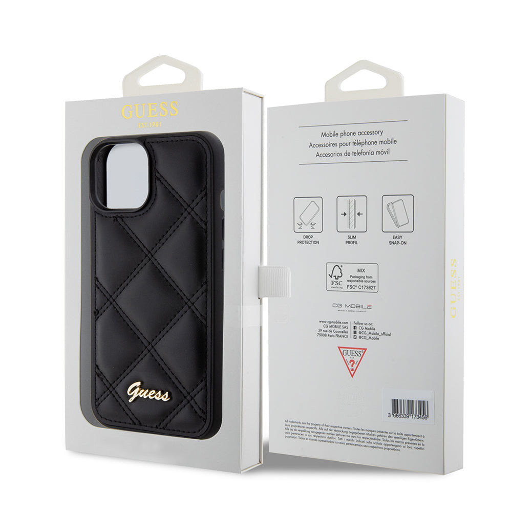 Калъф за Apple iPhone 15, Guess, Quilted Metal Logo, Черен