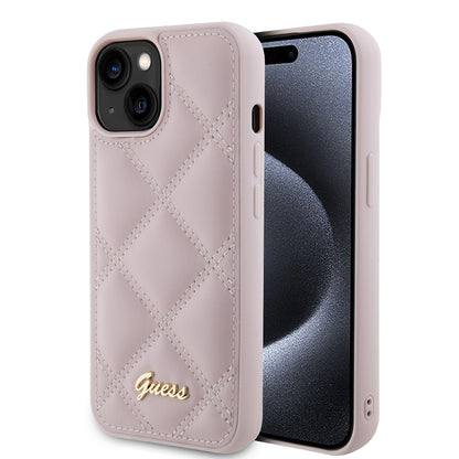 Калъф за Apple iPhone 15, Guess, Quilted Metal Logo, Розов