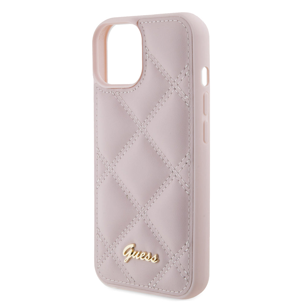 Калъф за Apple iPhone 15, Guess, Quilted Metal Logo, Розов