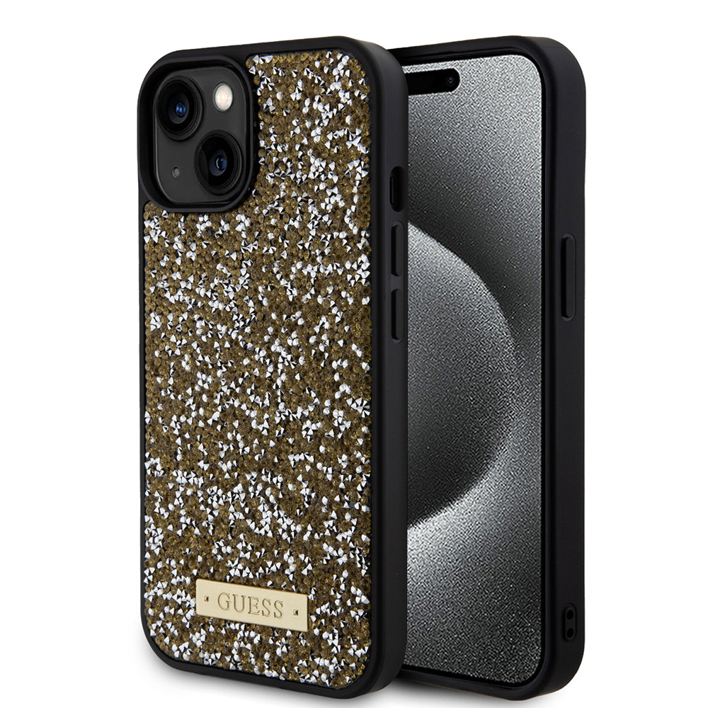 Калъф за Apple iPhone 15, Guess, Rhinestone Metal Logo, Жълт