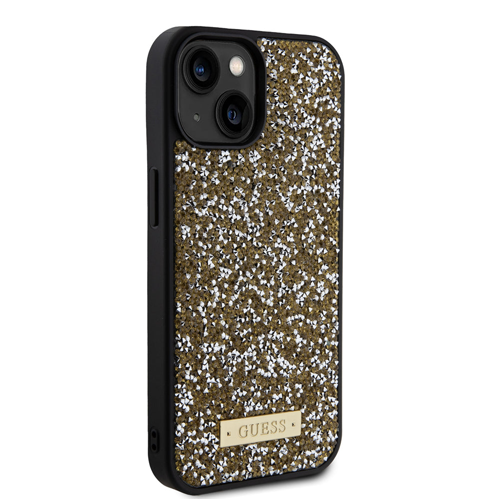 Калъф за Apple iPhone 15, Guess, Rhinestone Metal Logo, Жълт