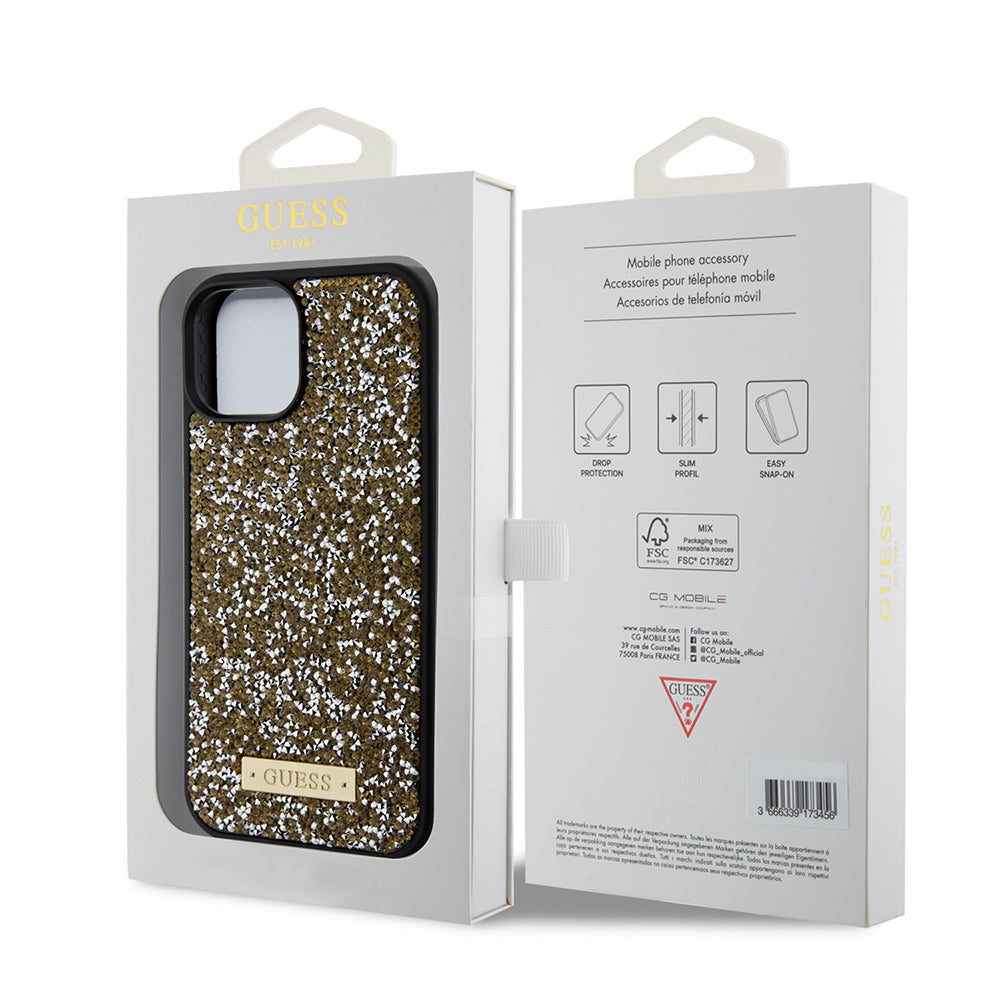 Калъф за Apple iPhone 15, Guess, Rhinestone Metal Logo, Жълт