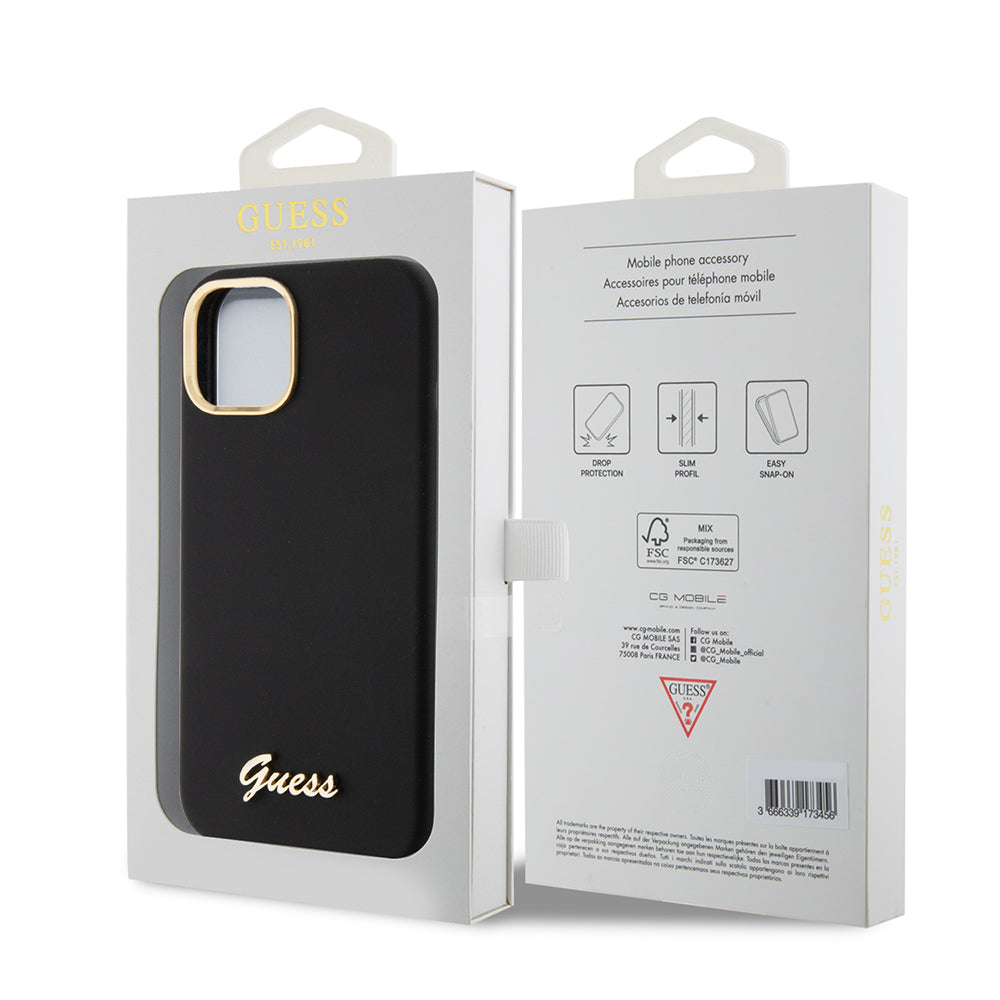 Калъф за Apple iPhone 15, Guess, Script Metal Logo & Frame, Черен