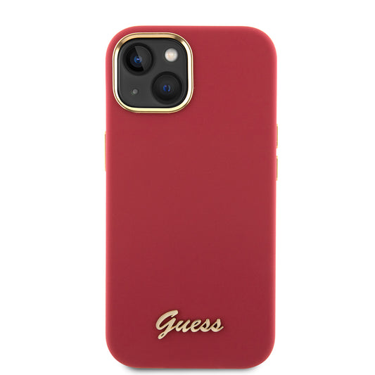 Калъф за Apple iPhone 15, Guess, Script Metal Logo & Frame, Розов