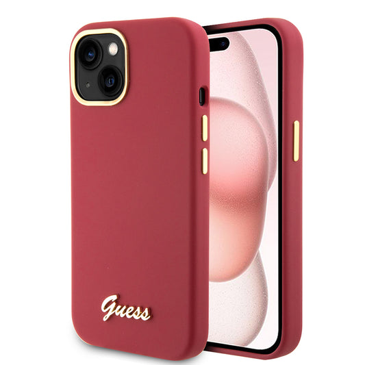 Калъф за Apple iPhone 15, Guess, Script Metal Logo & Frame, Розов