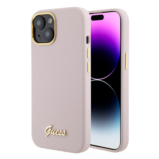 Калъф за Apple iPhone 15, Guess, Script Metal Logo & Frame, Светлорозов