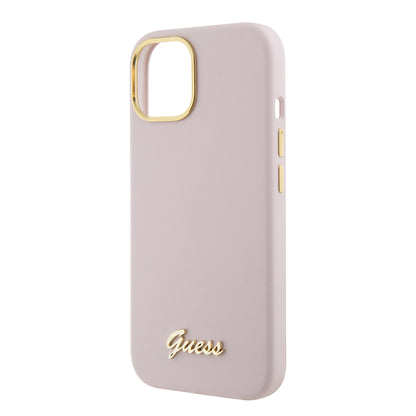 Калъф за Apple iPhone 15, Guess, Script Metal Logo & Frame, Светлорозов