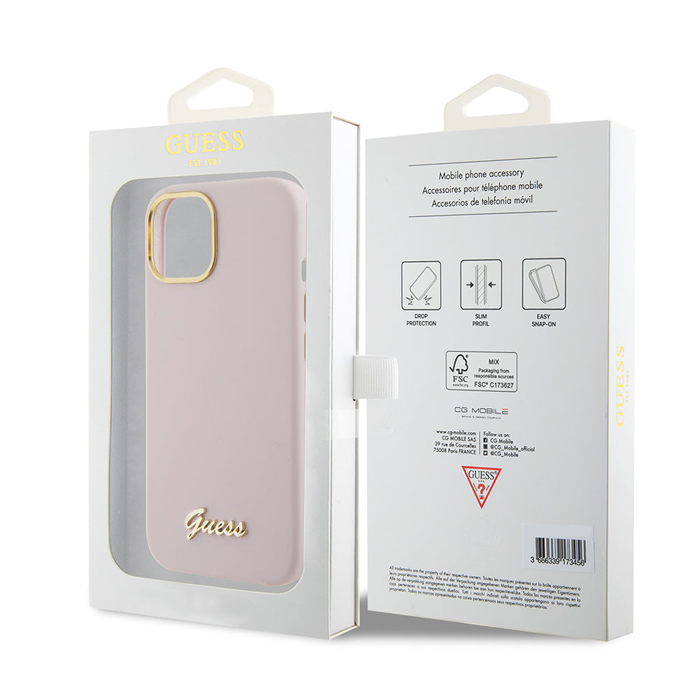 Калъф за Apple iPhone 15, Guess, Script Metal Logo & Frame, Светлорозов