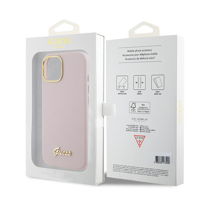 Калъф за Apple iPhone 15, Guess, Script Metal Logo & Frame, Светлорозов