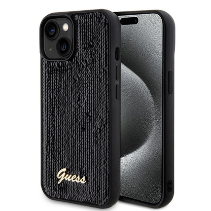 Case for Apple iPhone 15, Guess, Sequin Script Metal, Black