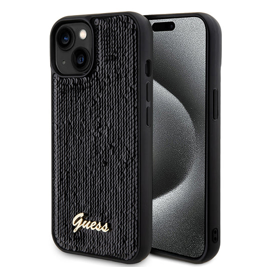 Калъф за Apple iPhone 15, Guess, Sequin Script Metal, Черен