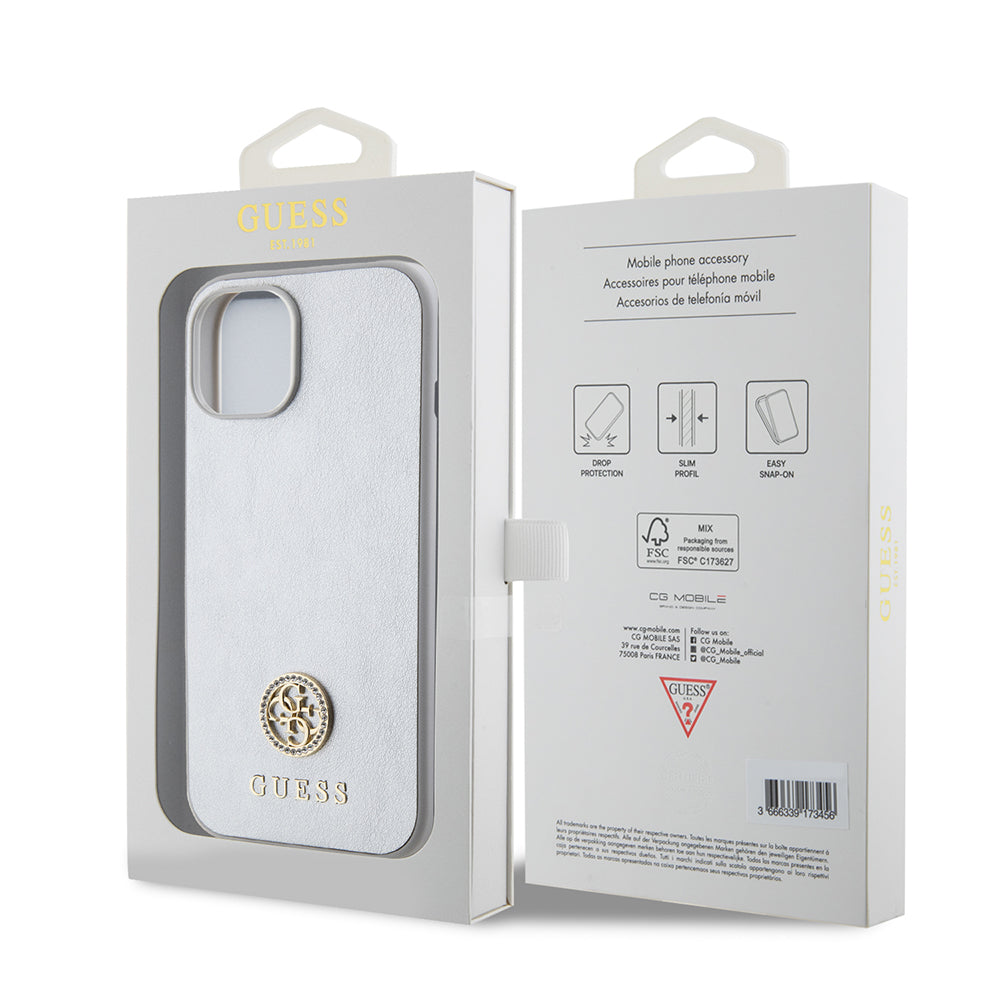 Калъф за Apple iPhone 15, Guess, Strass Metal Logo, Сребрист