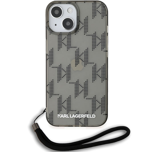 Case for Apple iPhone 15, Karl Lagerfeld, IML Luxury Monogram KL Pattern with Strap, Black
