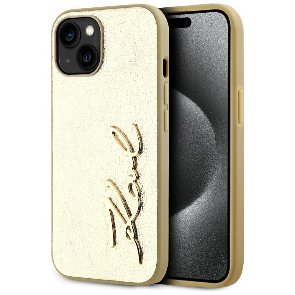 Калъф за Apple iPhone 15, Karl Lagerfeld, Metal Signature, Златист