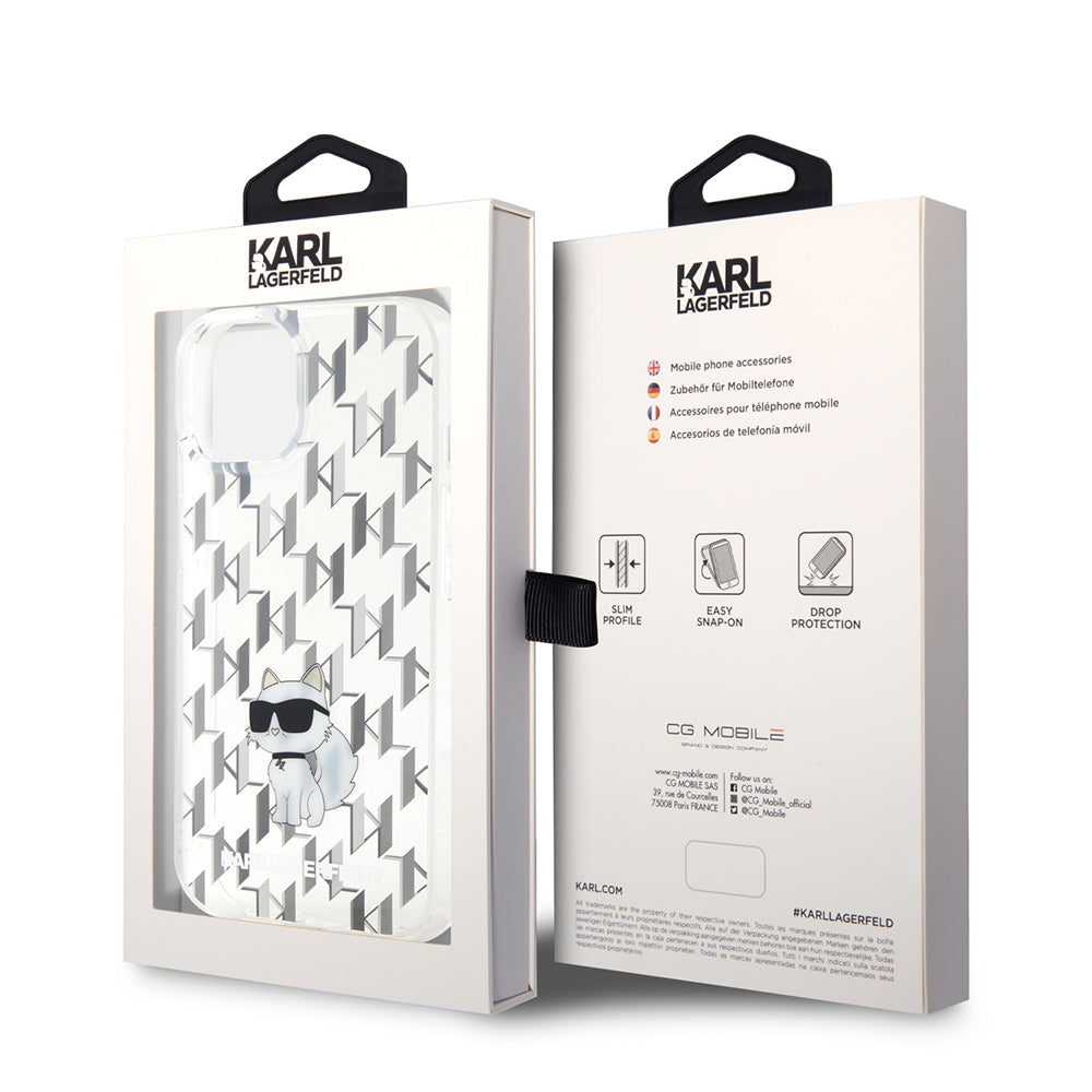 Калъф за Apple iPhone 15, Karl Lagerfeld, Monogram Choupette, Прозрачен