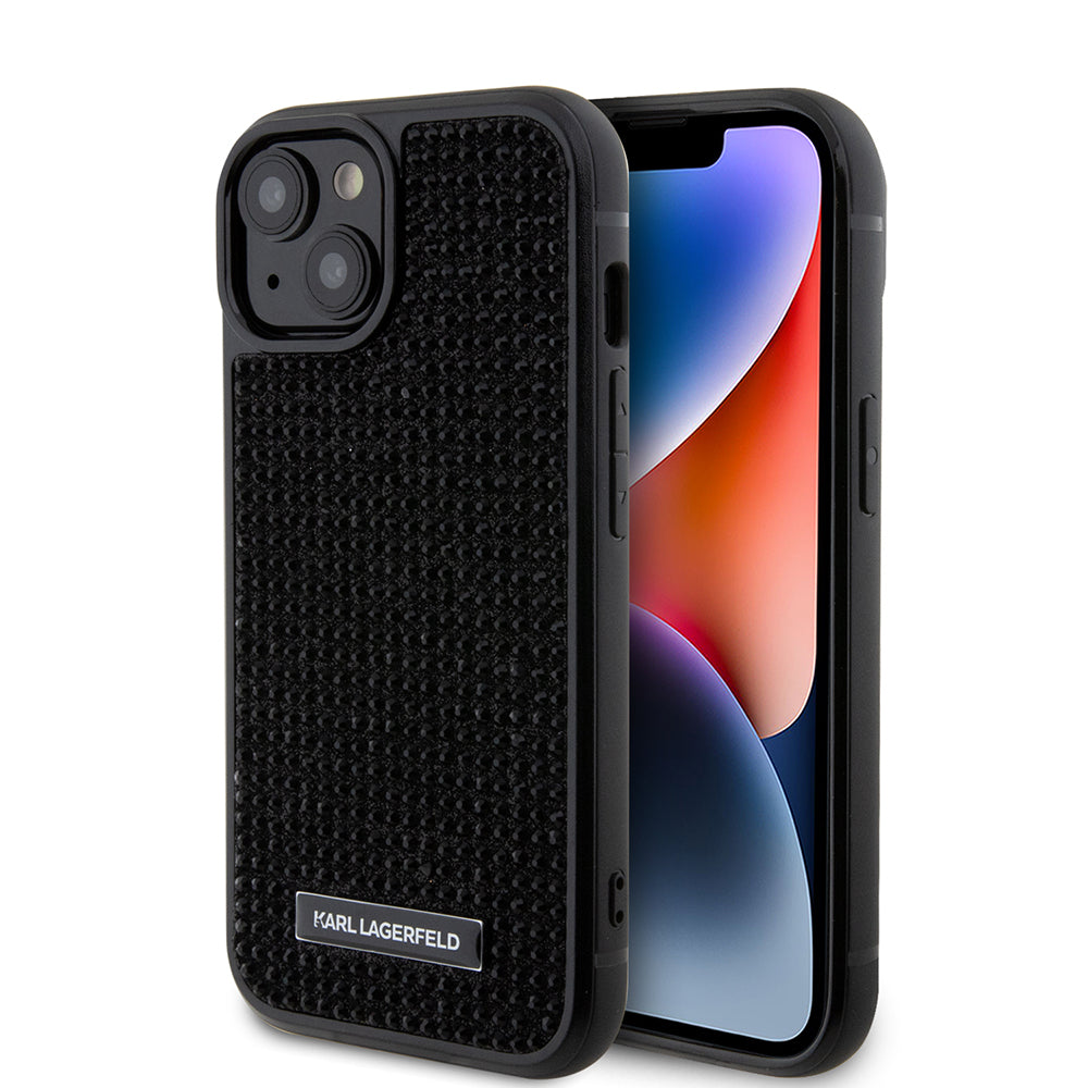 Калъф за Apple iPhone 15, Karl Lagerfeld, Rhinestone Metal Plate, Черен