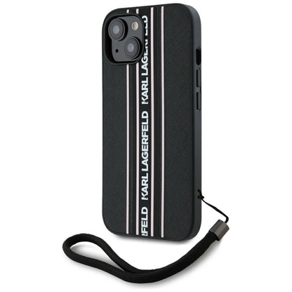 Калъф за Apple iPhone 15, Karl Lagerfeld, Saffiano Athleisure Stripes with Strap, Розов