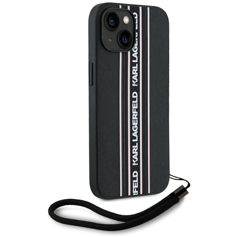Калъф за Apple iPhone 15, Karl Lagerfeld, Saffiano Athleisure Stripes with Strap, Розов
