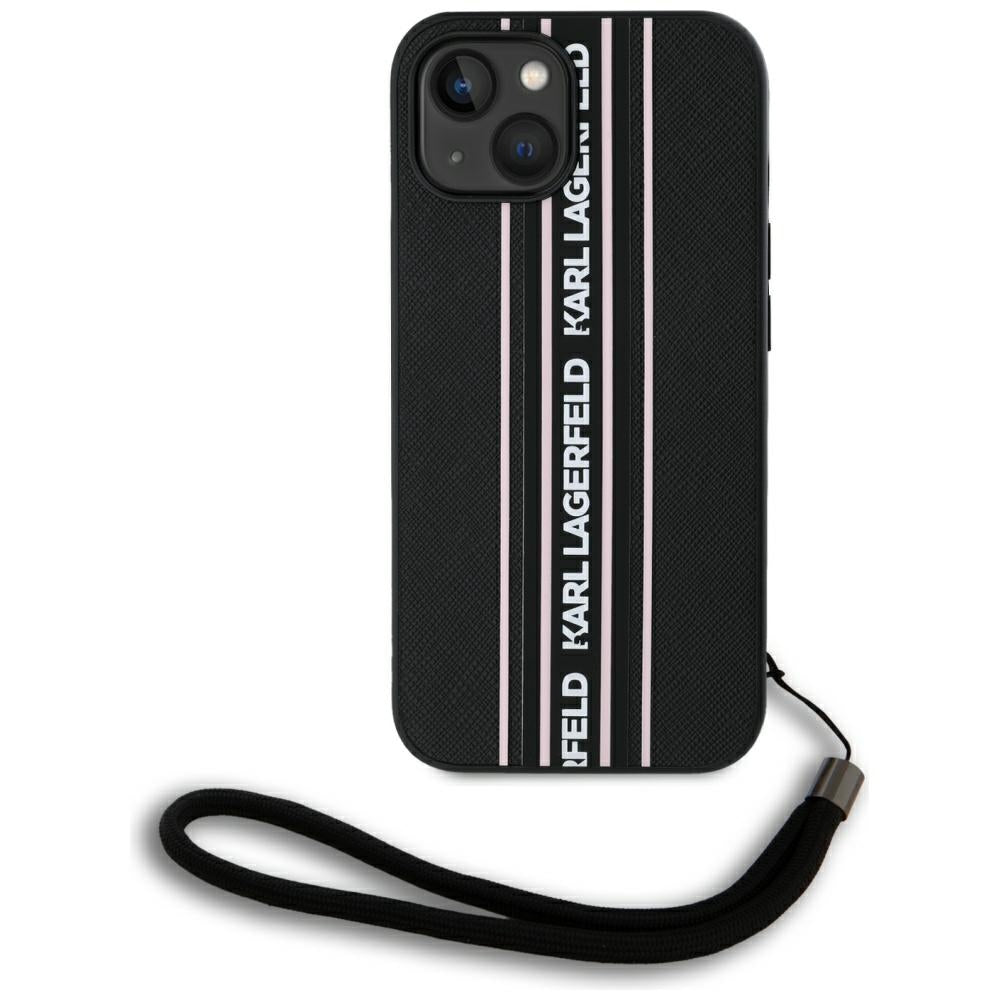 Калъф за Apple iPhone 15, Karl Lagerfeld, Saffiano Athleisure Stripes with Strap, Розов