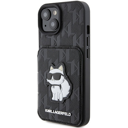 Case for Apple iPhone 15, Karl Lagerfeld, Saffiano Cardslots and Stand Monogram Choupette, Black