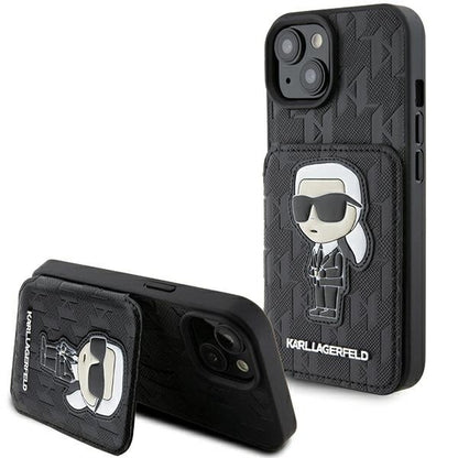 Калъф за Apple iPhone 15, Karl Lagerfeld, Saffiano Cardslots and Stand Monogram Ikonik Karl, Черен