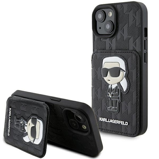 Case for Apple iPhone 15, Karl Lagerfeld, Saffiano Cardslots and Stand Monogram Ikonik Karl, Black