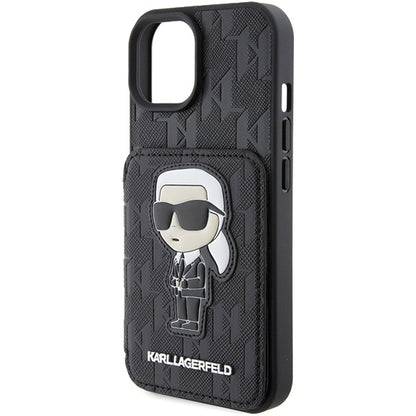 Калъф за Apple iPhone 15, Karl Lagerfeld, Saffiano Cardslots and Stand Monogram Ikonik Karl, Черен