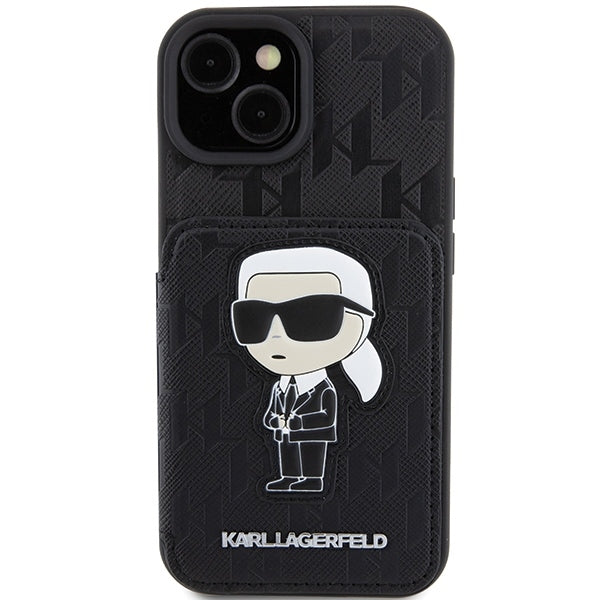 Калъф за Apple iPhone 15, Karl Lagerfeld, Saffiano Cardslots and Stand Monogram Ikonik Karl, Черен