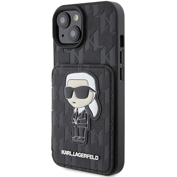 Калъф за Apple iPhone 15, Karl Lagerfeld, Saffiano Cardslots and Stand Monogram Ikonik Karl, Черен