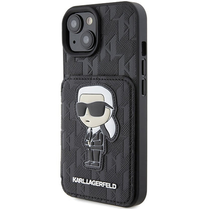 Калъф за Apple iPhone 15, Karl Lagerfeld, Saffiano Cardslots and Stand Monogram Ikonik Karl, Черен