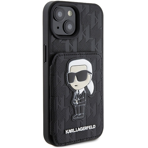 Калъф за Apple iPhone 15, Karl Lagerfeld, Saffiano Cardslots and Stand Monogram Ikonik Karl, Черен