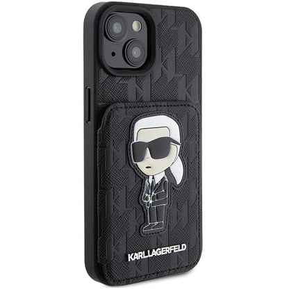 Калъф за Apple iPhone 15, Karl Lagerfeld, Saffiano Cardslots and Stand Monogram Ikonik Karl, Черен