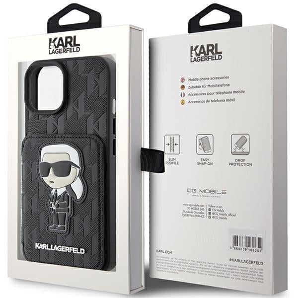 Калъф за Apple iPhone 15, Karl Lagerfeld, Saffiano Cardslots and Stand Monogram Ikonik Karl, Черен