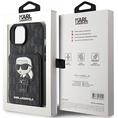 Калъф за Apple iPhone 15, Karl Lagerfeld, Saffiano Cardslots and Stand Monogram Ikonik Karl, Черен