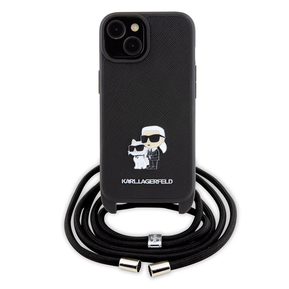 Калъф за Apple iPhone 15, Karl Lagerfeld, Saffiano Crossbody Metal Pin Karl & Choupette, Черен