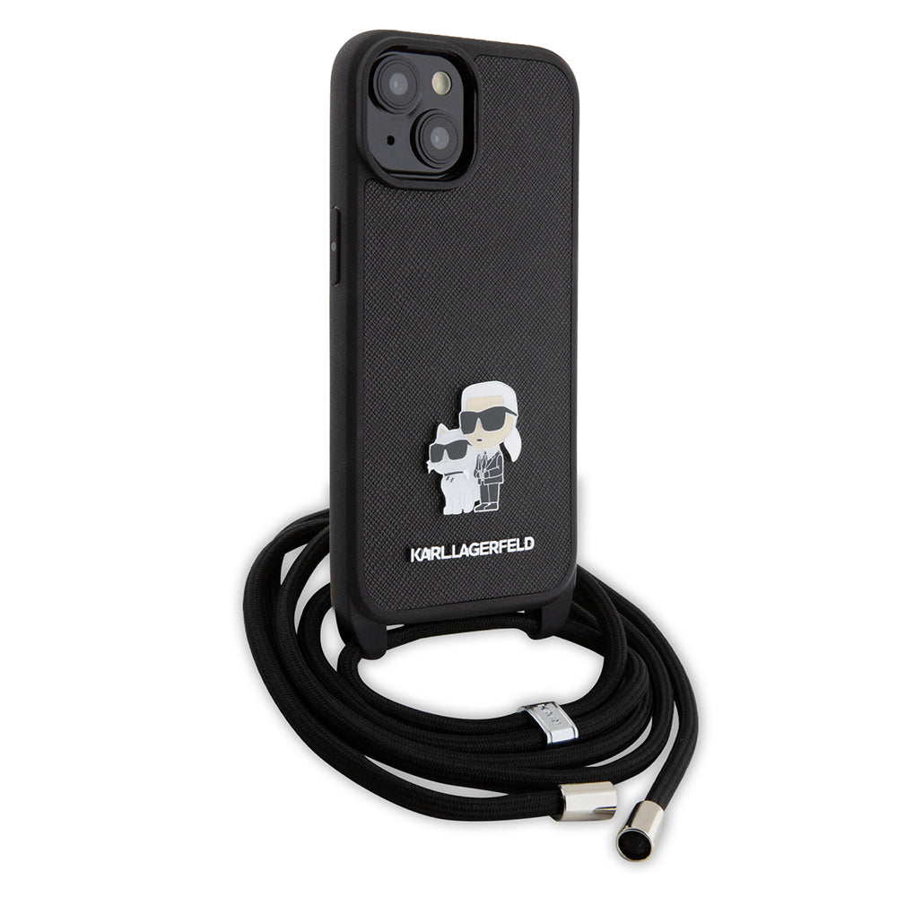 Калъф за Apple iPhone 15, Karl Lagerfeld, Saffiano Crossbody Metal Pin Karl & Choupette, Черен