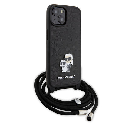 Калъф за Apple iPhone 15, Karl Lagerfeld, Saffiano Crossbody Metal Pin Karl & Choupette, Черен