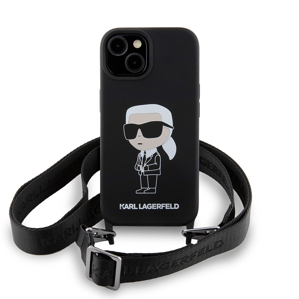 Калъф за Apple iPhone 15, Karl Lagerfeld, Silicone Crossbody Ikonik Karl, Черен