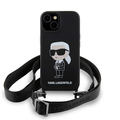 Калъф за Apple iPhone 15, Karl Lagerfeld, Silicone Crossbody Ikonik Karl, Черен
