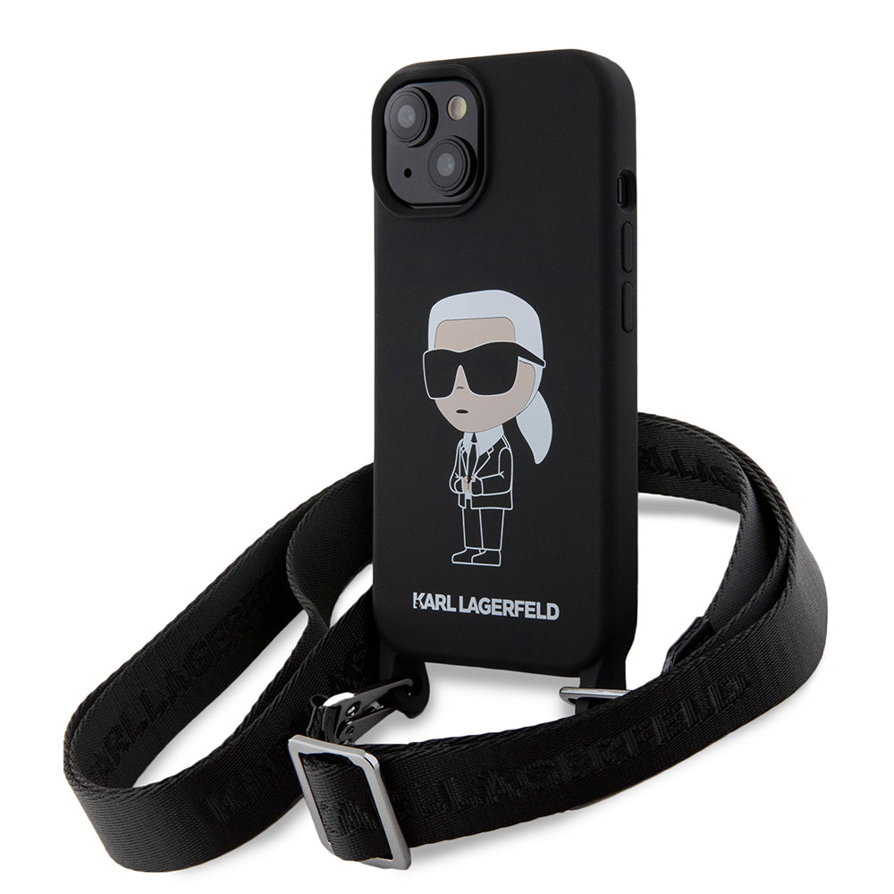 Калъф за Apple iPhone 15, Karl Lagerfeld, Silicone Crossbody Ikonik Karl, Черен
