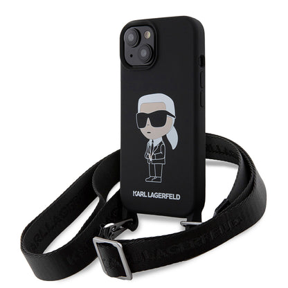 Калъф за Apple iPhone 15, Karl Lagerfeld, Silicone Crossbody Ikonik Karl, Черен