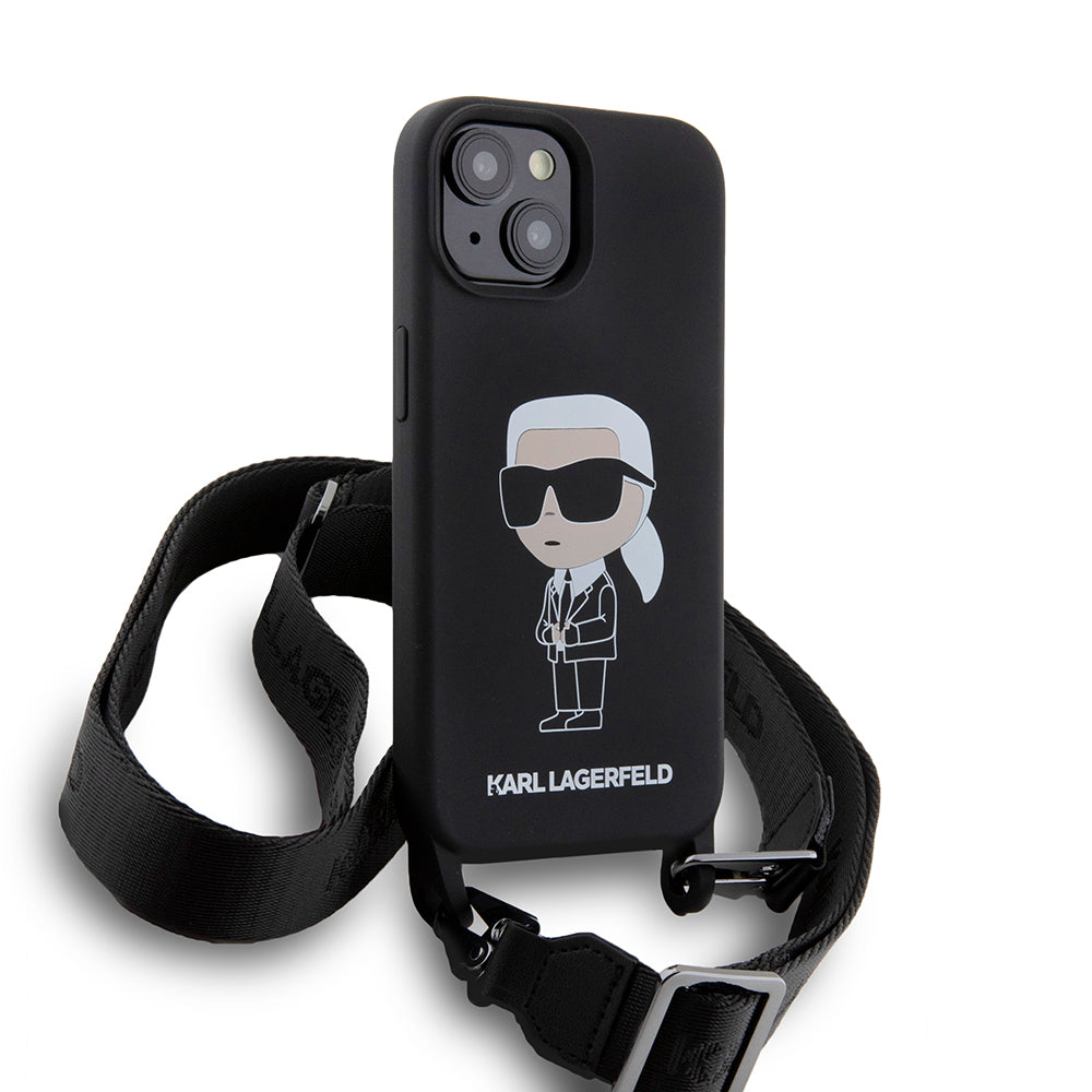 Калъф за Apple iPhone 15, Karl Lagerfeld, Silicone Crossbody Ikonik Karl, Черен