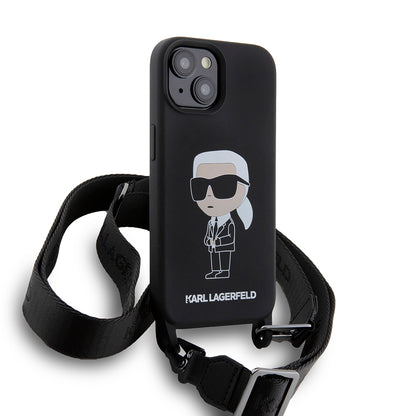 Калъф за Apple iPhone 15, Karl Lagerfeld, Silicone Crossbody Ikonik Karl, Черен
