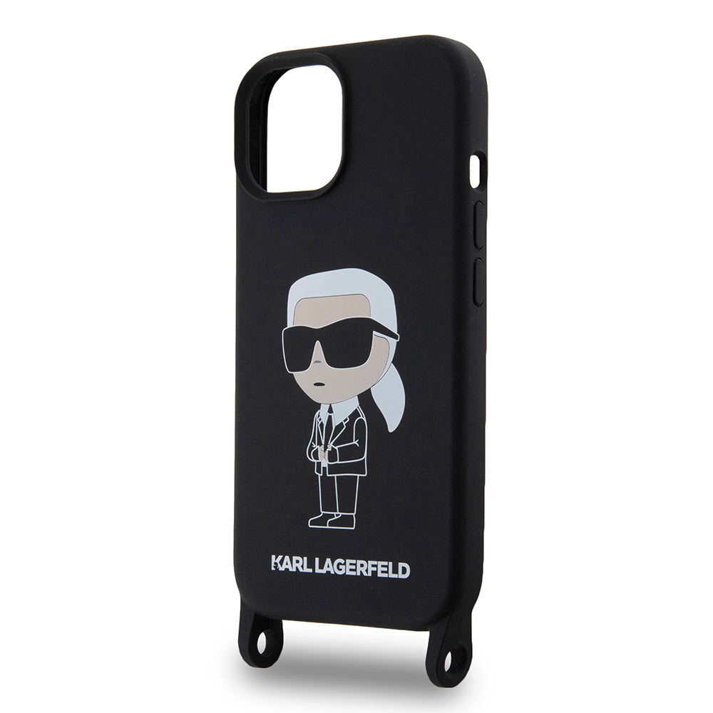 Калъф за Apple iPhone 15, Karl Lagerfeld, Silicone Crossbody Ikonik Karl, Черен