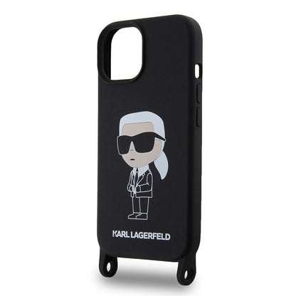 Калъф за Apple iPhone 15, Karl Lagerfeld, Silicone Crossbody Ikonik Karl, Черен